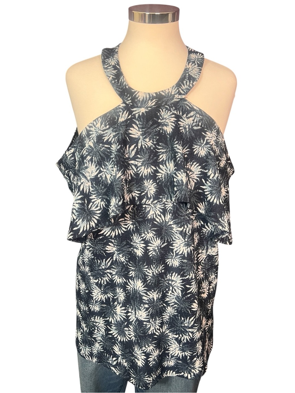 Michael Kor’s 25” Blue White Print Halter zip up Top
